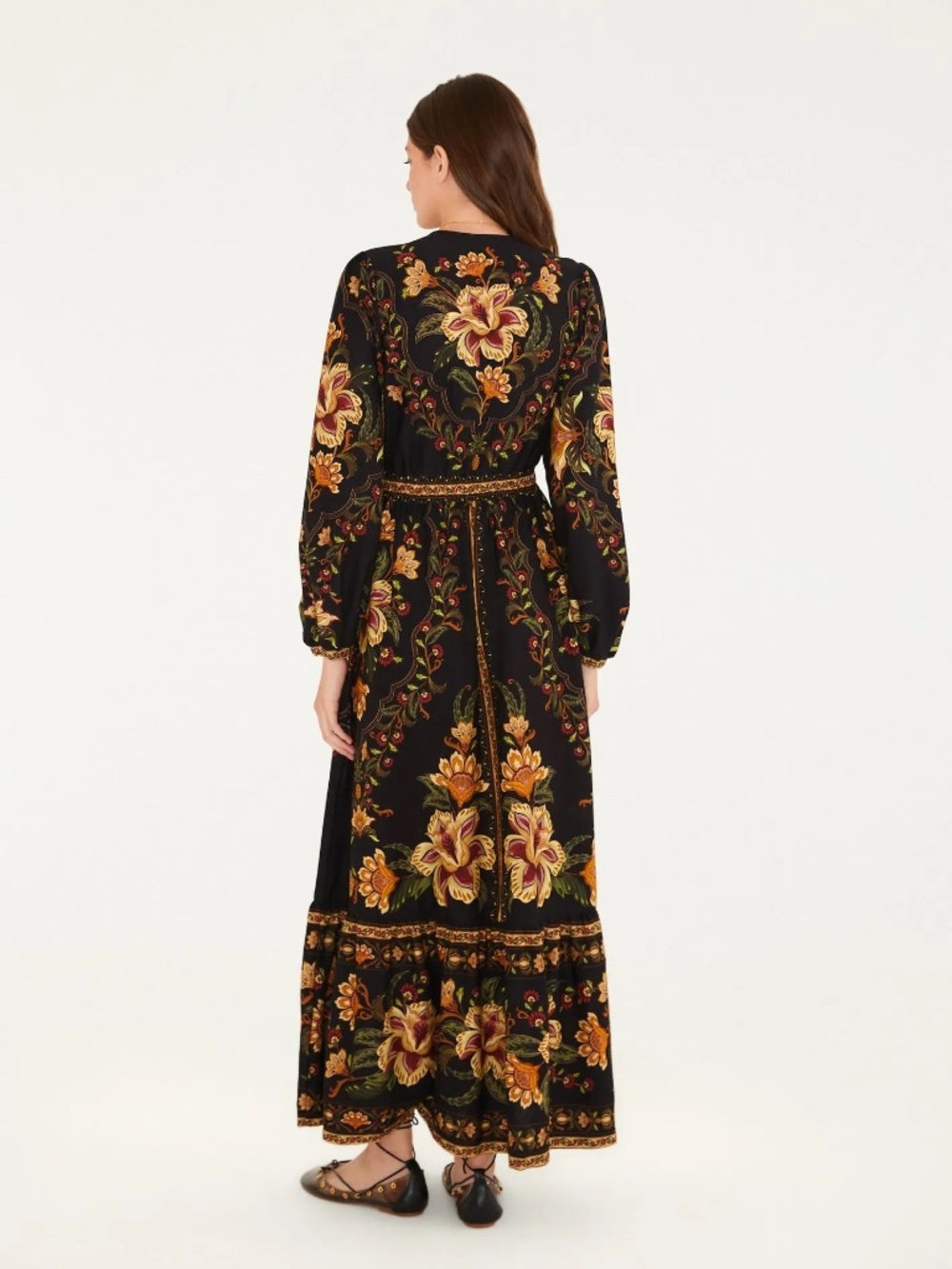 FARM Rio Majestic Garden Black Cropped Dress Deep V Long Puff Sleeve Sz [S] NWT - Picture 4 of 4